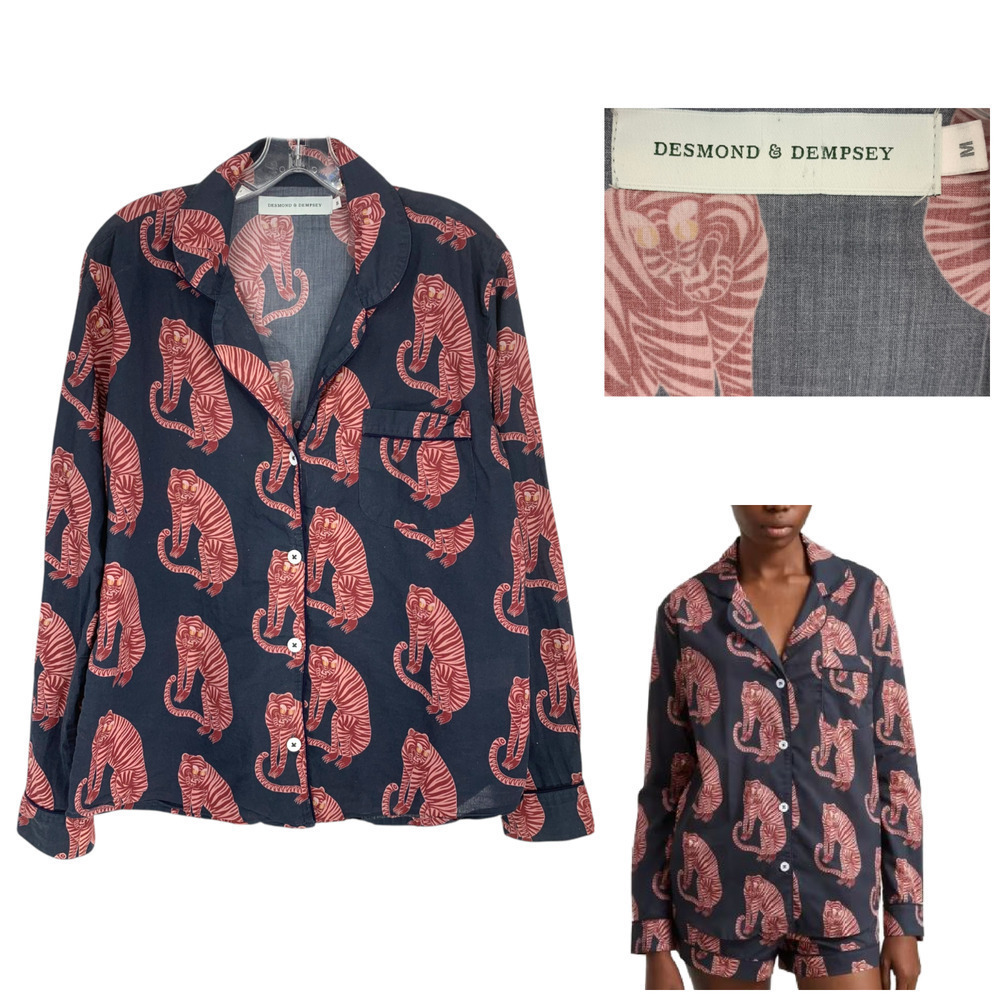 Desmond & Dempsey London Sz M Sansindo Navy Pink Tiger Pajama Pyjama Top Only